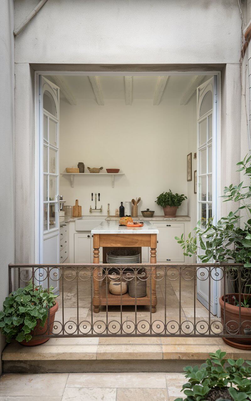 A photo of a kitchen space that opens out onto a small balcony or terrace. The kitchen has a wooden island with a marble top and is equipped with a sink and a few cooking utensils. There are potted plants on the island and on the balcony. The walls and cabinets in the kitchen are painted white. The floor is made of large beige tiles. The balcony has a railing made of iron. The railing has a decorative pattern. The balcony is also paved with beige tiles. The walls of the balcony are made of concrete. There is a potted plant on the balcony. The overall ambiance of the photo is serene and inviting.