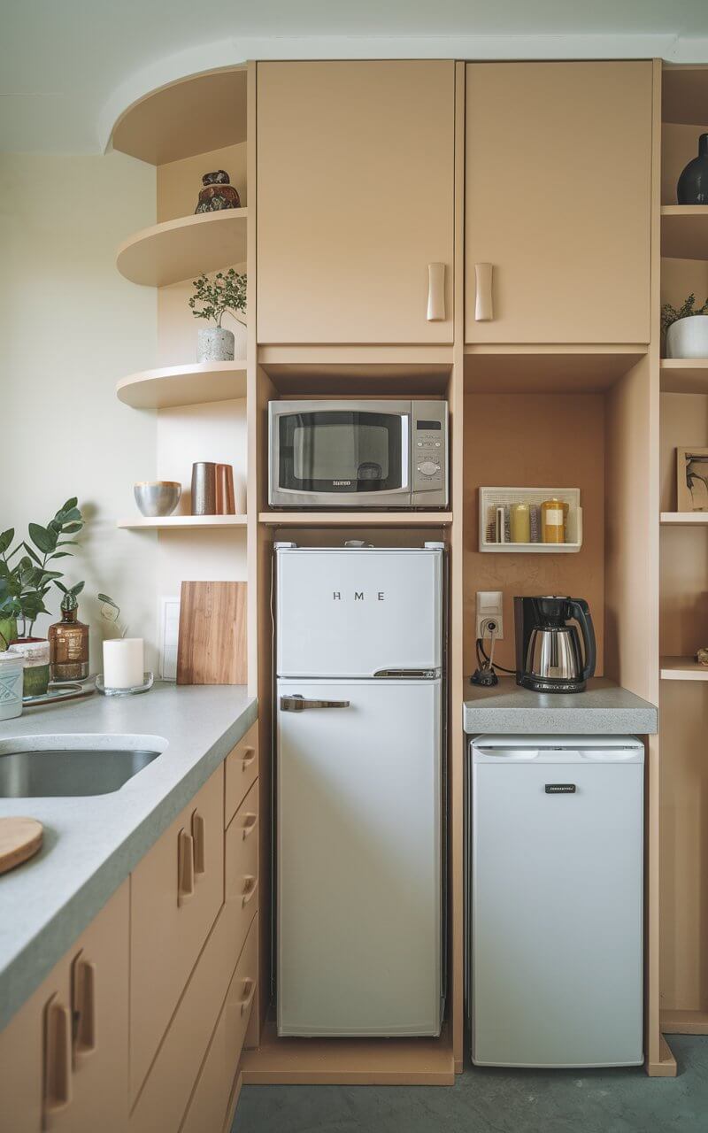 A small apartment kitchen fitted with space-saving appliances, including a compact refrigerator, microwave, and slimline dishwasher. These multi-functional appliances blend seamlessly into the cabinetry, maintaining an uncluttered aesthetic.