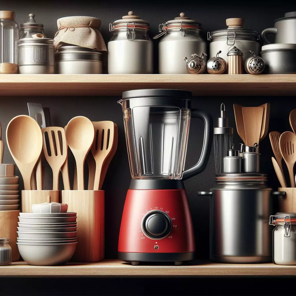 a close look of an open kitchen shelves with a one blender on top of it