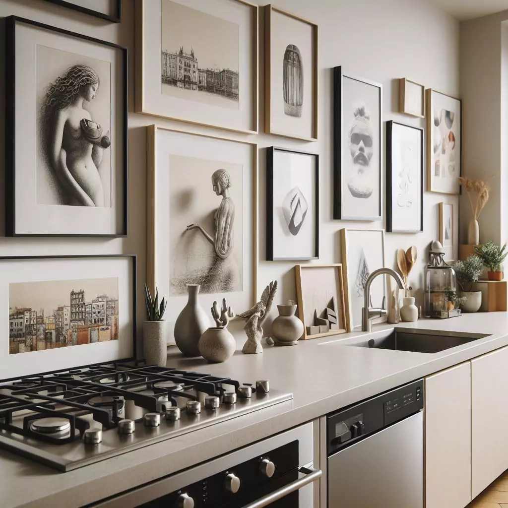a close-up of an apartment kitchen featuring artwork, with framed pieces on the walls or sculptures on open shelves. Art adds a personalized touch and serves as a conversation starter, elevating the aesthetic appeal of the culinary space. The countertop has a gas stove, stainless steel kitchen sink and faucet, and dishwasher