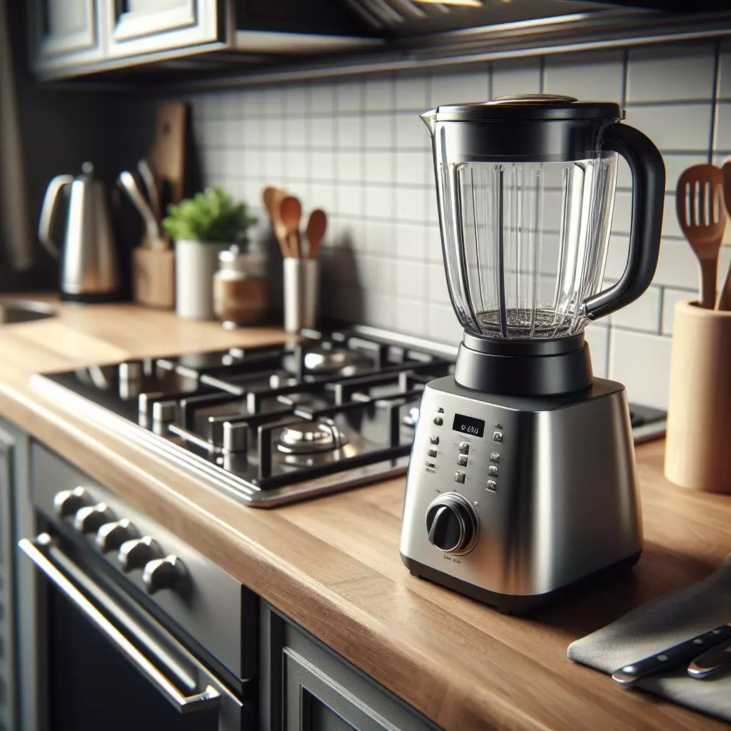 a close look of a blender placed on the kitchen countertop. The countertop has a gas stove, stainless steel kitchen sink and faucet, and dishwasher