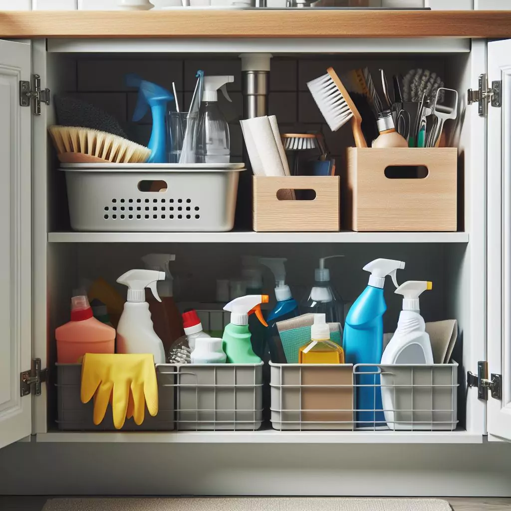 a closer look of A kitchen with cleaning supplies organized in a designated area under the sink or in a nearby cabinet. Supplies are grouped using one bin or caddies for easy access.