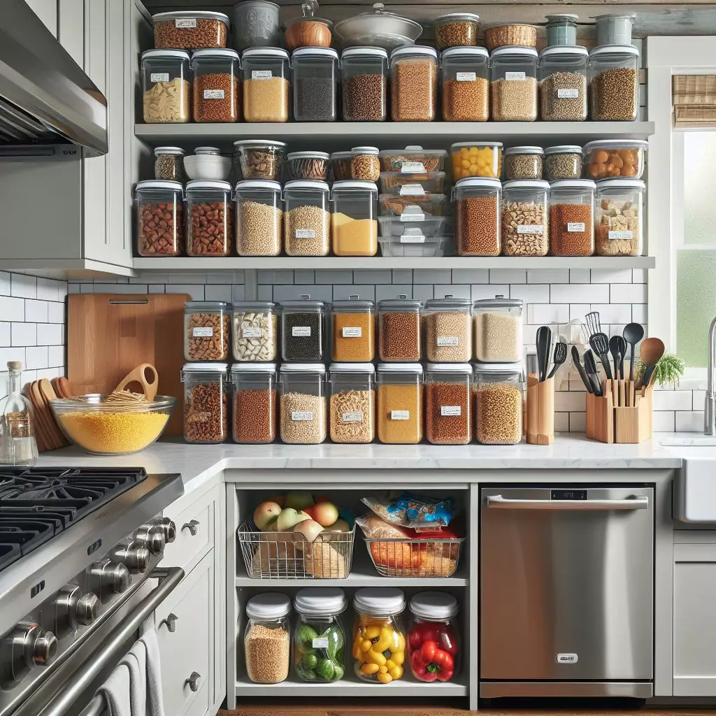 pantry items like grains, pasta, and snacks in clear containers for easy visibility and organization.