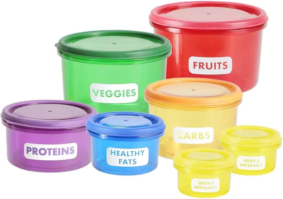 a closer look of a color-coded containers for different categories of items 