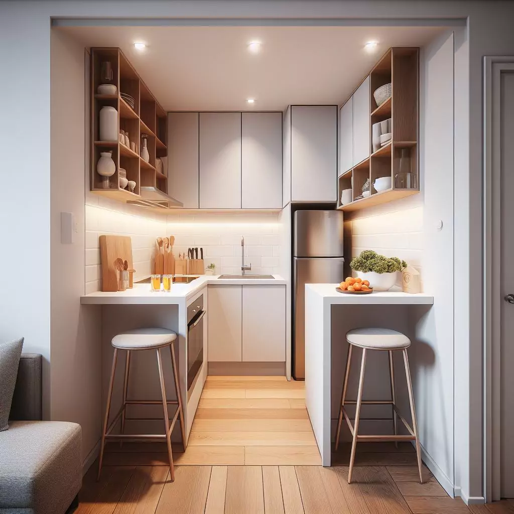 Small kitchen with a narrow breakfast bar, providing extra counter space without encroaching on the kitchen's footprint.