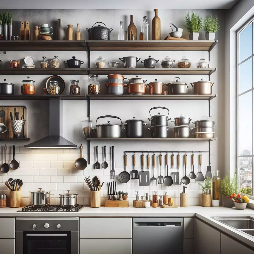 an apartment kitchen transformed into a functional art gallery, showcasing a collection of stylish cookware. Open shelving or dedicated display cabinets exhibit favorite pots, pans, and kitchen gadgets, adding a decorative element and celebrating a love for cooking. The countertop has a gas stove, stainless steel kitchen sink and faucet, and dishwasher