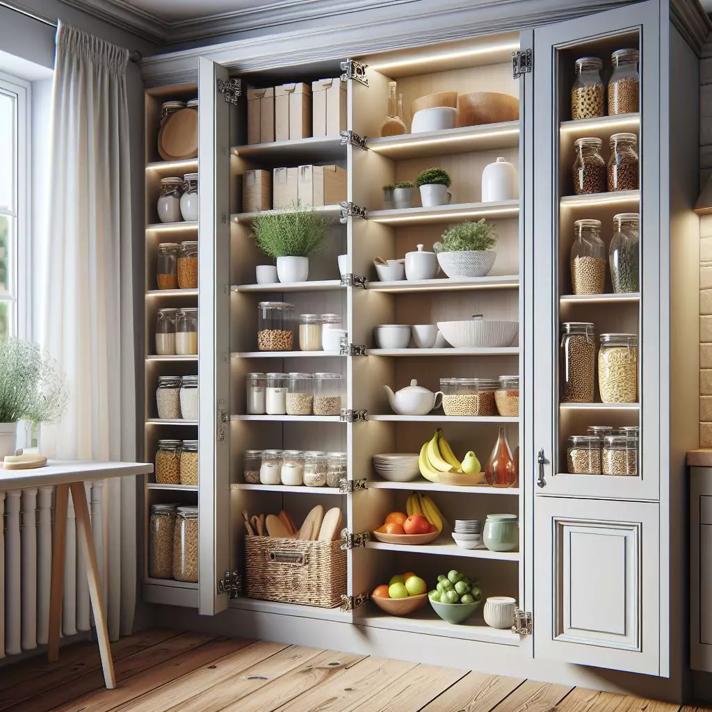 a closer look of a A kitchen showcasing adjustable shelving in cabinets and pantry spaces, offering customization for shelf height based on stored items.