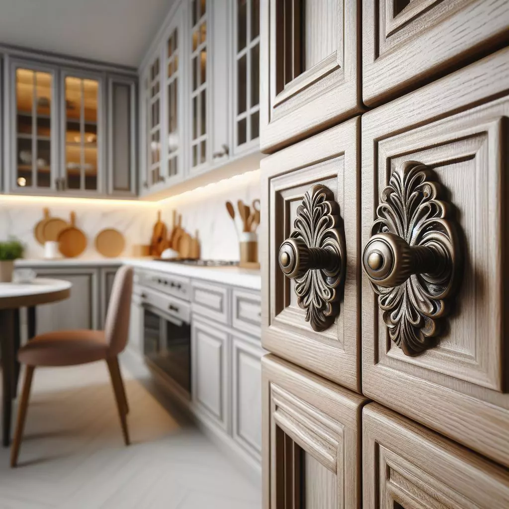 "Apartment kitchen with customized cabinet hardware, featuring unique handles or knobs for enhanced aesthetics."
