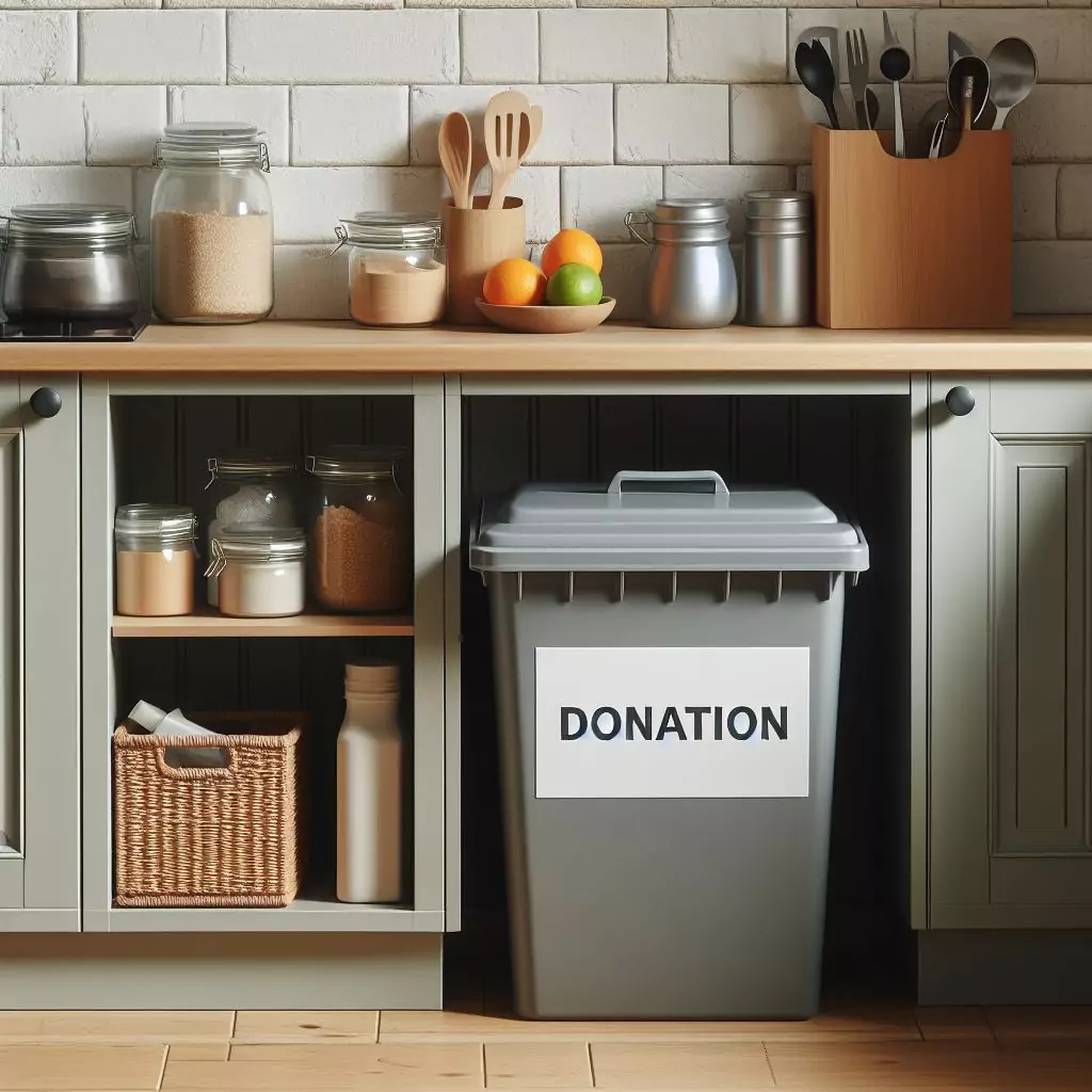 a closer look of a Kitchen with a designated donation bin for items no longer needed or used, helping to prevent unnecessary clutter.