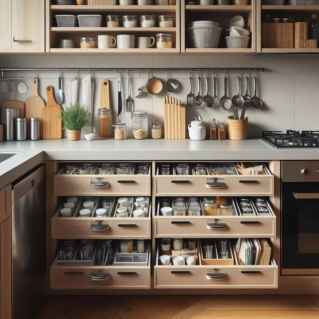 "Small kitchen with optimized cabinet and drawer organization using dividers, risers, and bins to maximize storage capacity and prevent clutter."