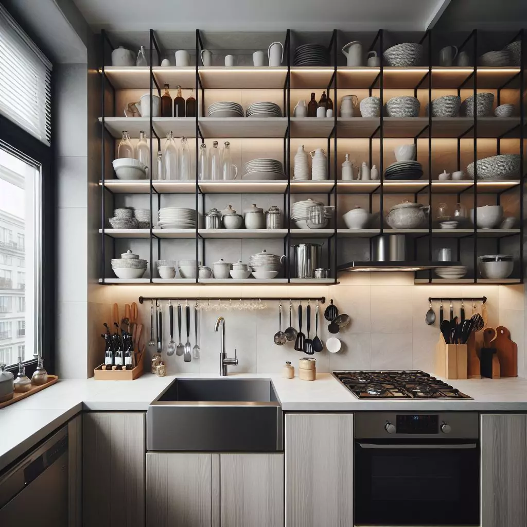 "Apartment kitchen with floor-to-ceiling open shelving, optimizing storage and creating a stylish display for kitchenware."