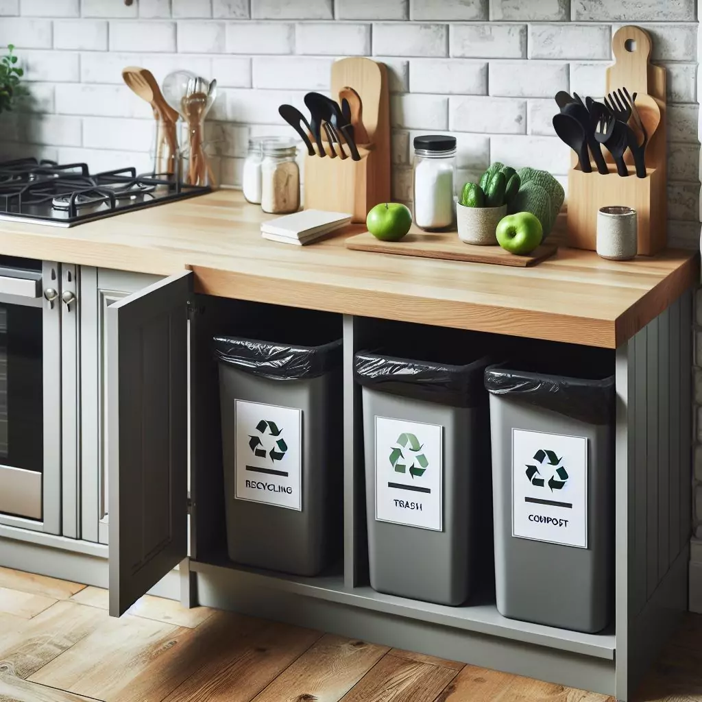 Kitchen with a designated recycling center featuring bins for recycling, trash, and compost, easily accessible for quick disposal.