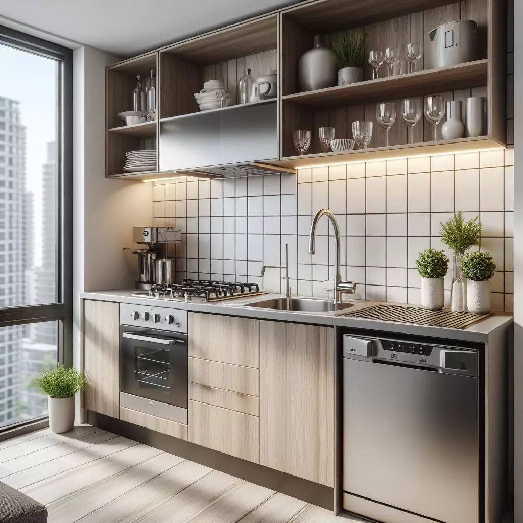 Apartment kitchen with space-saving appliances, maximizing functionality and contributing to a clutter-free aesthetic. The countertop has a gas stove, stainless steel kitchen sink and faucet, and dishwasher. 