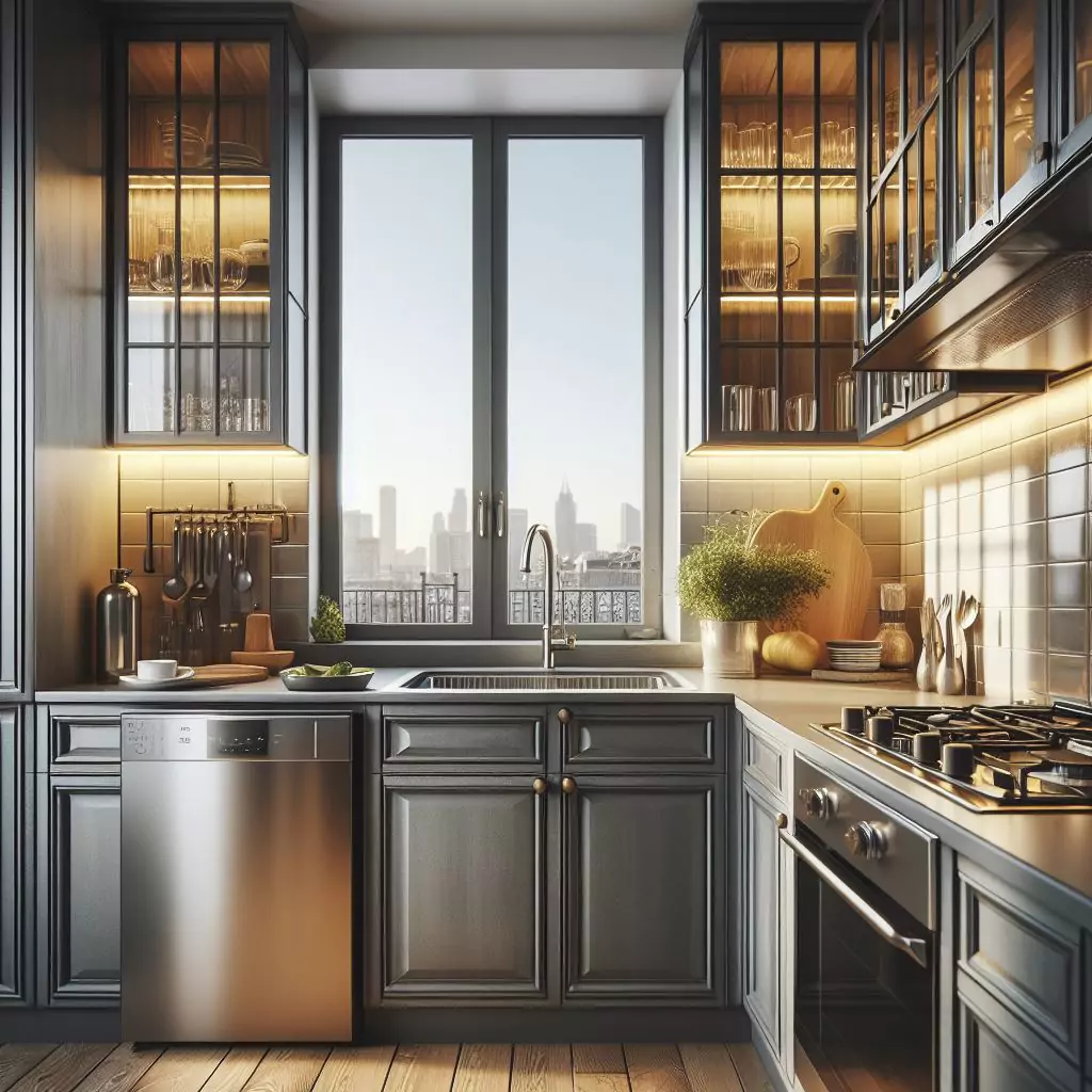 a close-up of an apartment kitchen featuring glass window kitchen cabinet doors. The countertop has a gas stove, stainless steel kitchen sink and faucet, and dishwasher