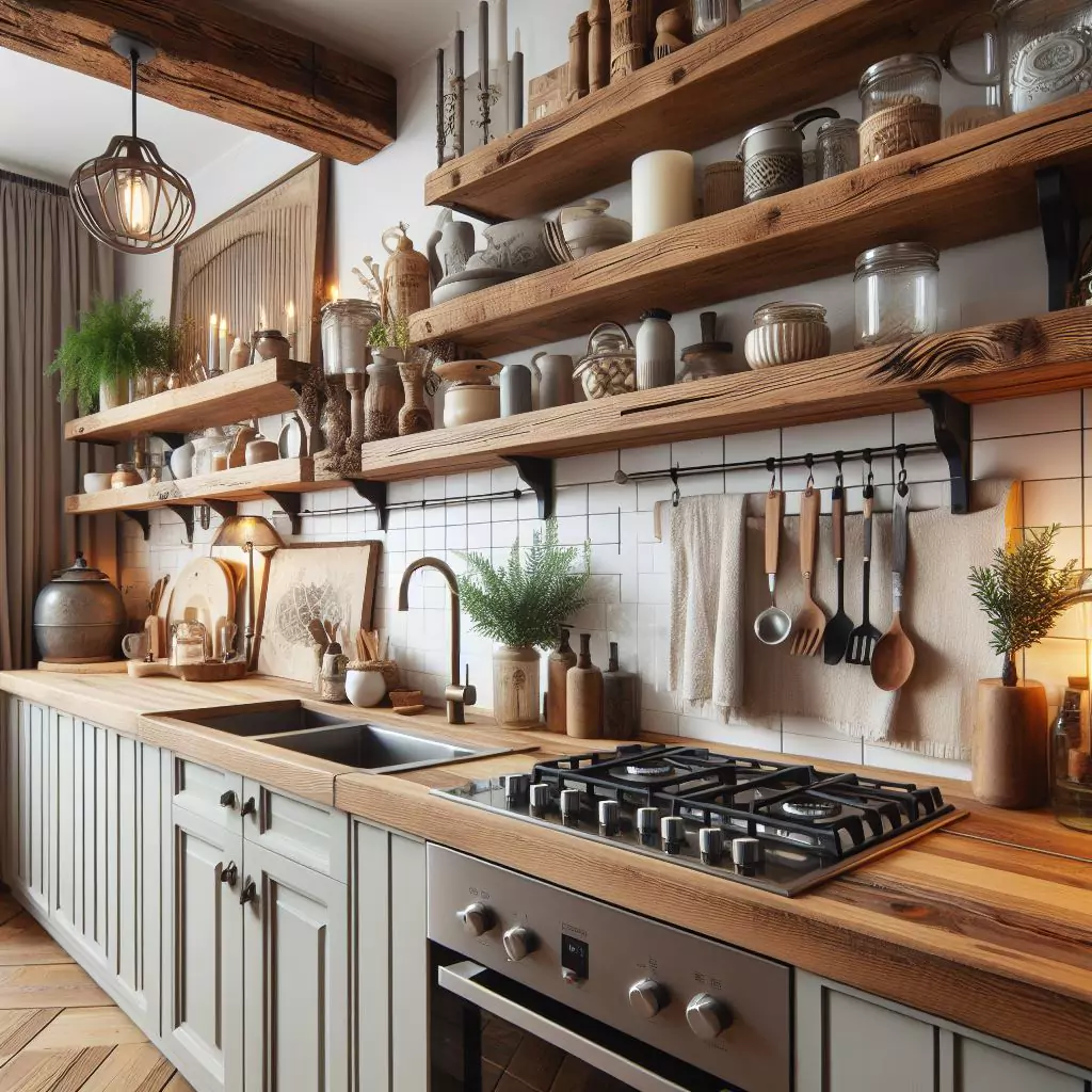 "Apartment kitchen with farmhouse-inspired decor, featuring rustic elements like wooden beams and vintage accessories for warmth and charm."