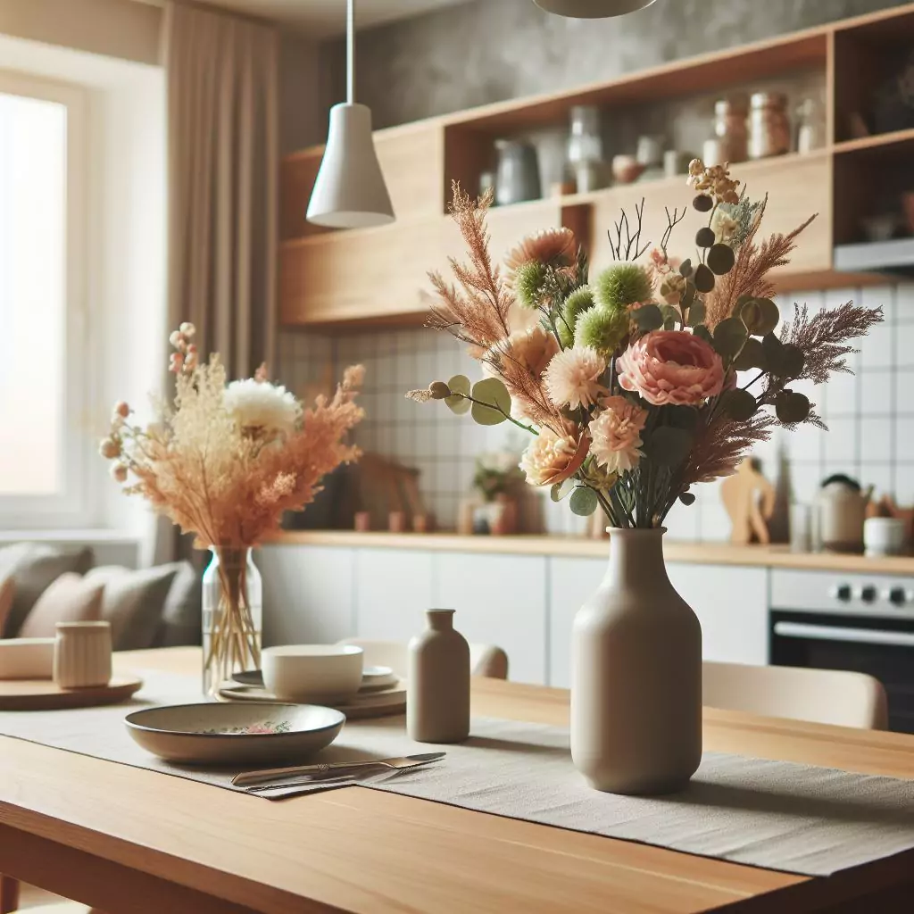 Apartment kitchen with fresh flowers in stylish vases, adding life and color to the culinary space.