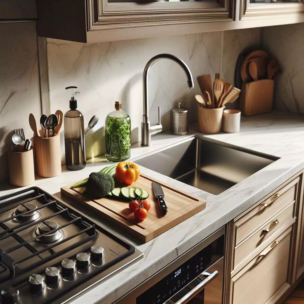 a closer look of a a prep zone near the cutting board. The countertop has a gas stove, stainless steel kitchen sink and faucet, and dishwasher