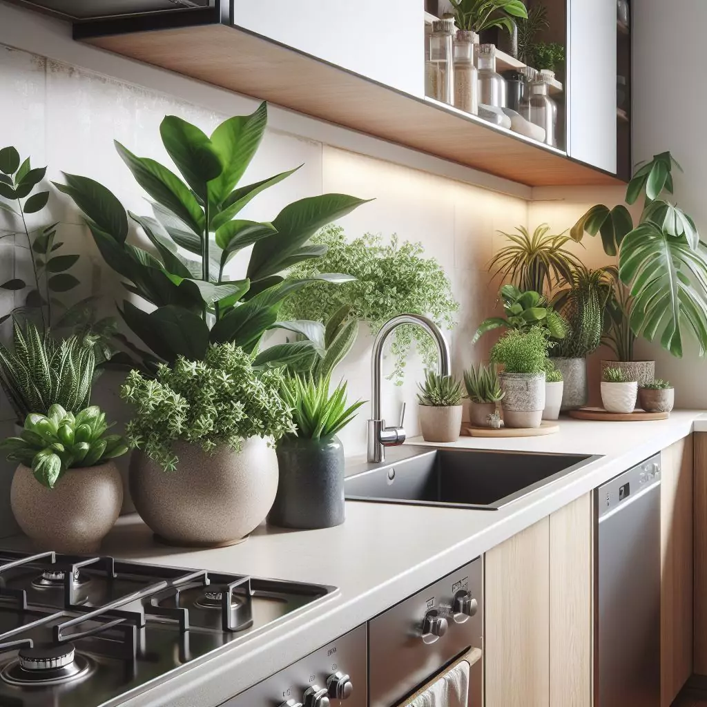 a close-up of an apartment kitchen adorned with indoor plants, bringing the outdoors inside. Choose low-maintenance varieties that thrive in the kitchen environment, adding a touch of nature and improving air quality. The countertop has a gas stove, stainless steel kitchen sink and faucet, and dishwasher