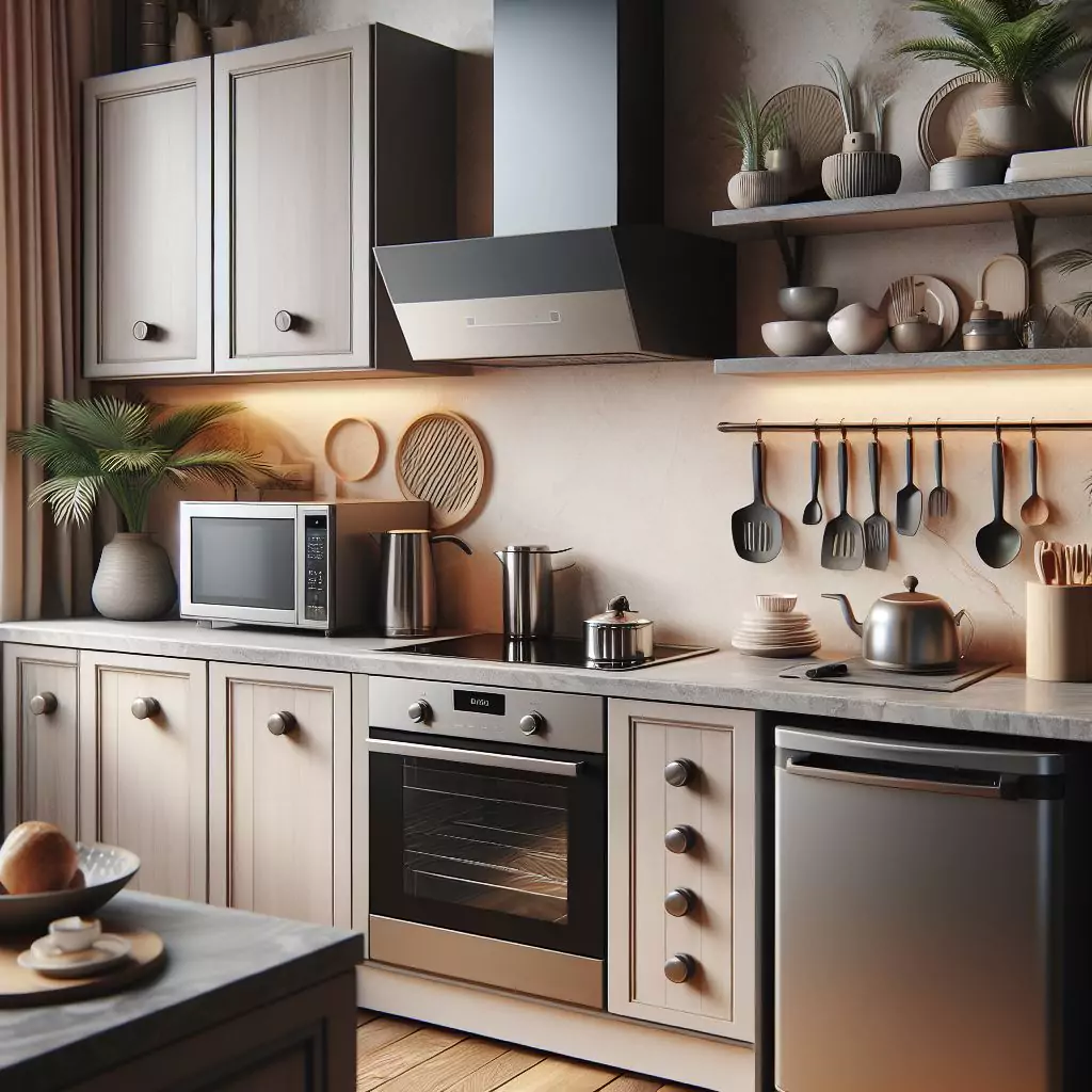 Appliances on the kitchen counter harmonizing with the overall design and aesthetic, complementing the style and color palette for a cohesive and visually pleasing space.