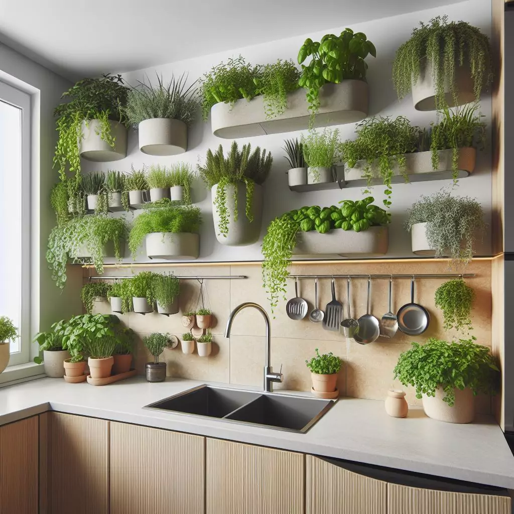 an apartment kitchen enhanced with herb gardens, utilizing wall-mounted planters or countertop pots. Easy access to fresh herbs adds a practical and green touch to the culinary space.