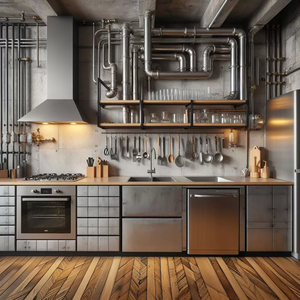 an apartment kitchen infused with industrial elements like exposed pipes, metallic finishes, and raw materials. This design adds character and contemporary edge, blending with other styles for a personalized look. The countertop has a gas stove, stainless steel kitchen sink and faucet, and dishwasher