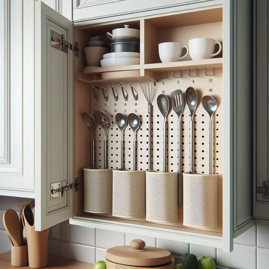 A kitchen featuring hooks or adhesive organizers attached to the inside of cabinet doors for additional storage. This space is utilized for storing pot holders, measuring spoons, or small kitchen tools.