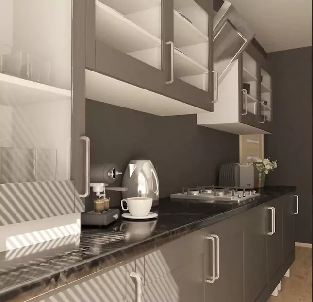 a close look of kitchen appliances arranged on a kitchen countertop orderly