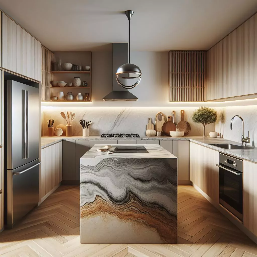 Apartment kitchen with a kitchen island as a focal point, featuring a distinct design element that draws attention to the heart of the kitchen.