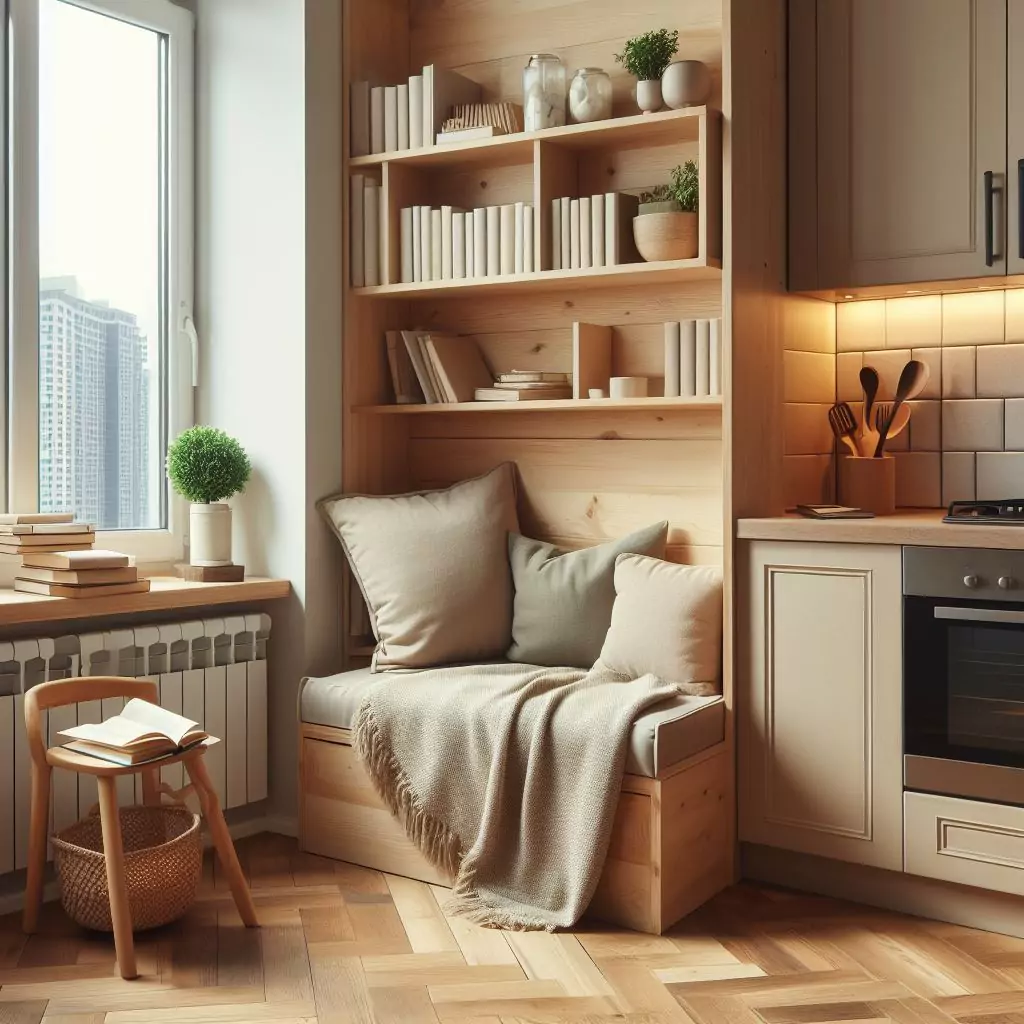 an apartment kitchen featuring a cozy reading nook in a corner, with a comfortable chair or small bench, cushions, and a bookshelf. This relaxing space allows you to enjoy a good book while keeping an eye on your cooking.