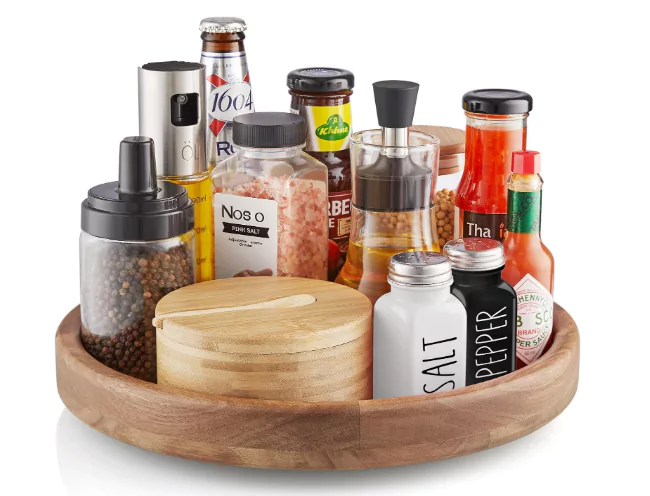 a lazy susan placed in front of a white background surface