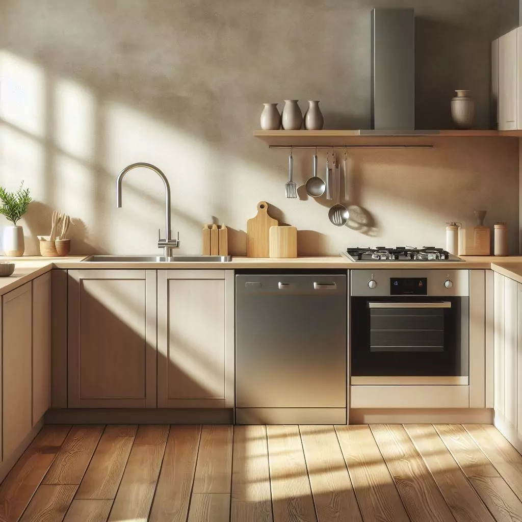 Small kitchen with light-reflective flooring in neutral tones, visually expanding the space and brightening the room. The countertop has a gas stove, stainless steel kitchen sink and faucet, and dishwasher