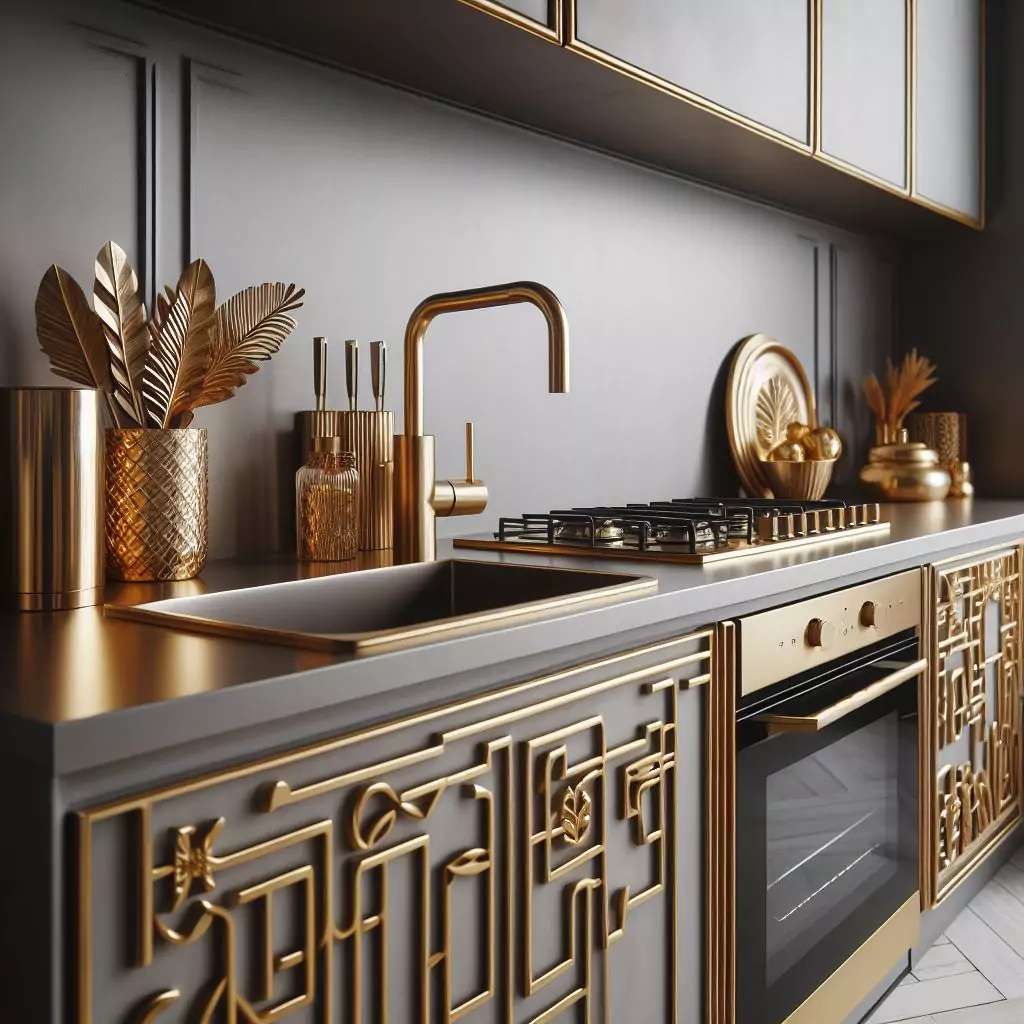"Apartment kitchen with metallic accents, featuring gold, brass, or copper elements that exude luxury and sophistication."