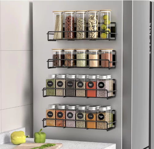 magnetic spice rack placed on the side of a fridge