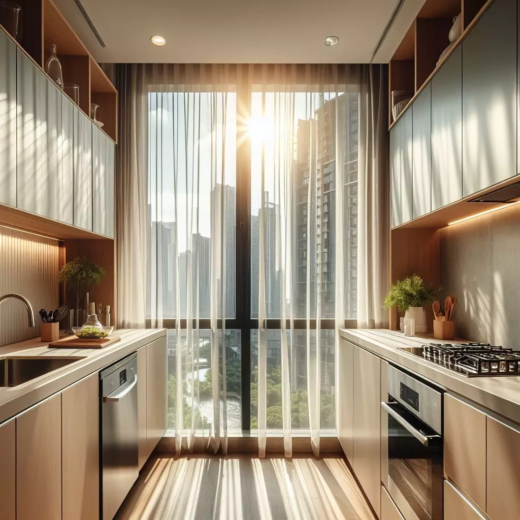 an apartment kitchen maximizing natural light with sheer window treatments. These allow sunlight to filter through and create a bright, welcoming atmosphere in the culinary space. The countertop has a gas stove, stainless steel kitchen sink and faucet, and dishwasher