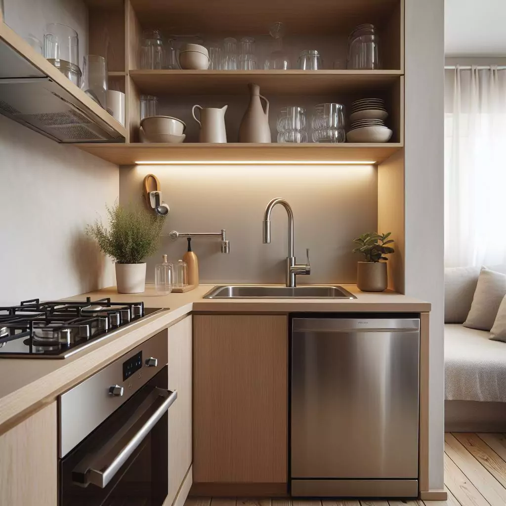 "Small kitchen embracing minimalism, prioritizing functionality and simplicity for easier maintenance and enjoyment."