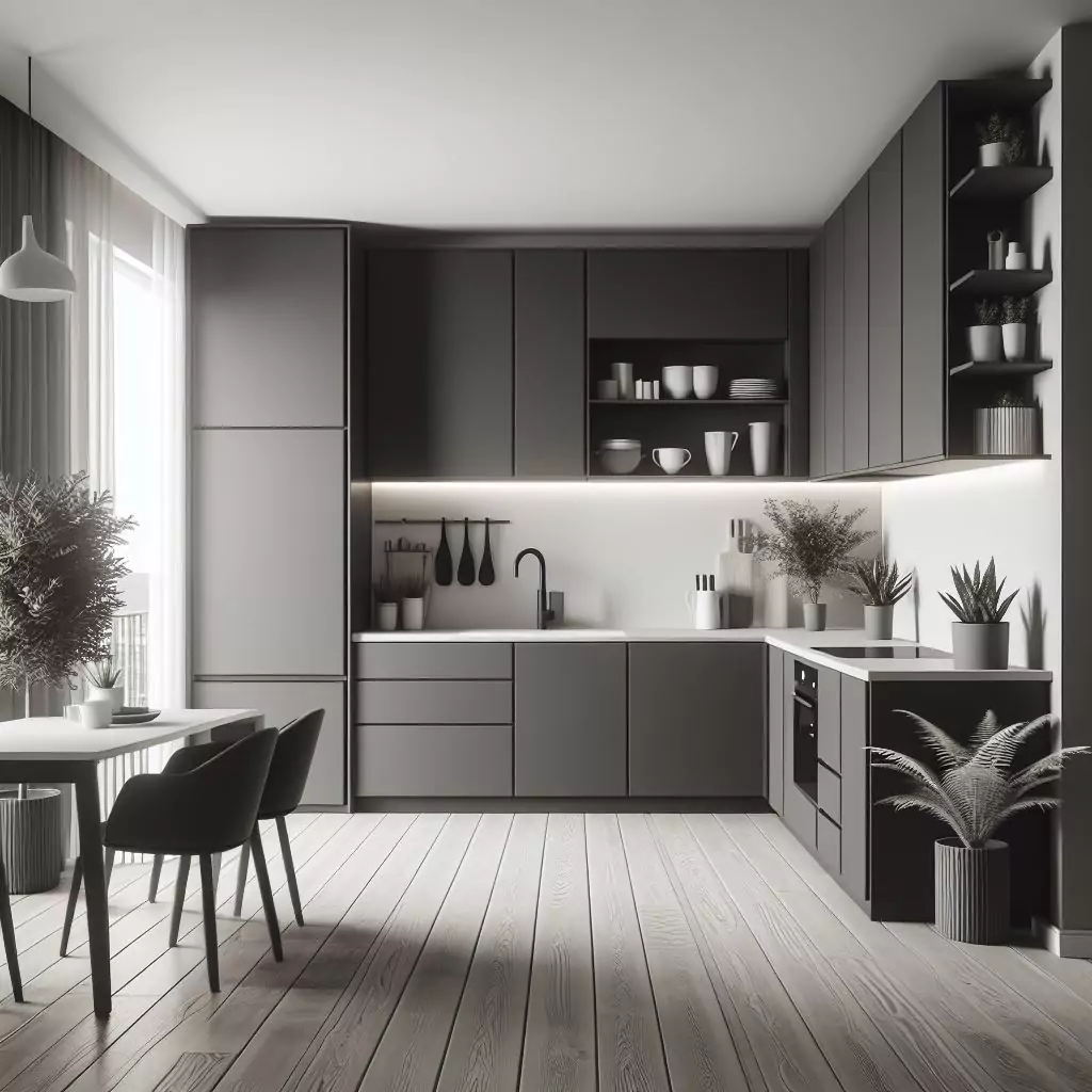 "Apartment kitchen with monochrome magic, featuring a sleek and modern color palette for a cohesive and spacious look."