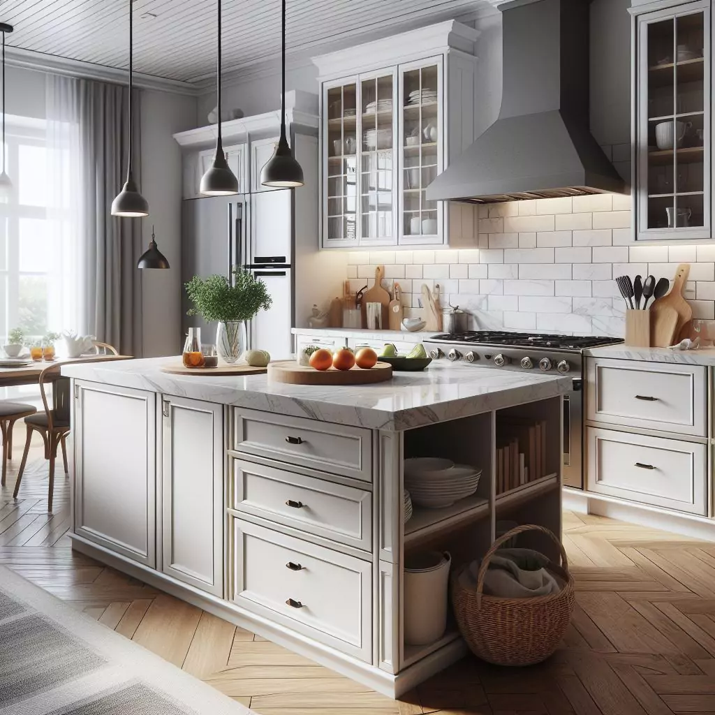 Kitchen showcasing multi-functional furniture like islands with built-in storage, optimizing space in smaller kitchens