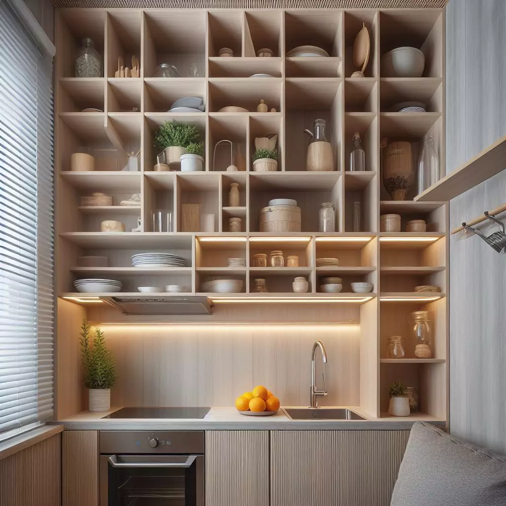 a very close look of a small kitchen featuring Multi-Level Shelving units, including a kitchen sink on the countertop