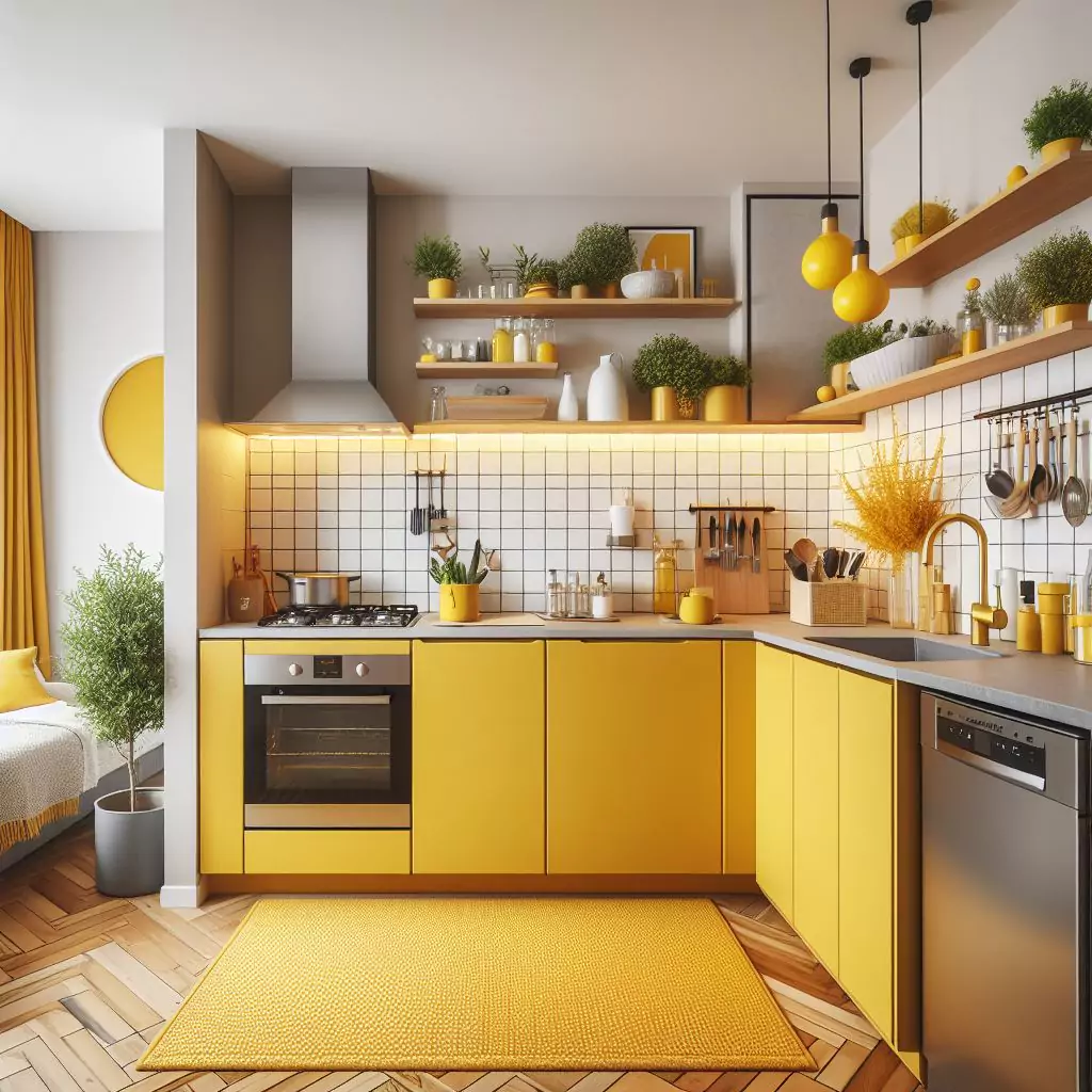 Apartment kitchen with a splash of mustard yellow, adding personality and warmth for a cheerful and energizing ambiance. The countertop has a gas stove, stainless steel kitchen sink and faucet, and dishwasher