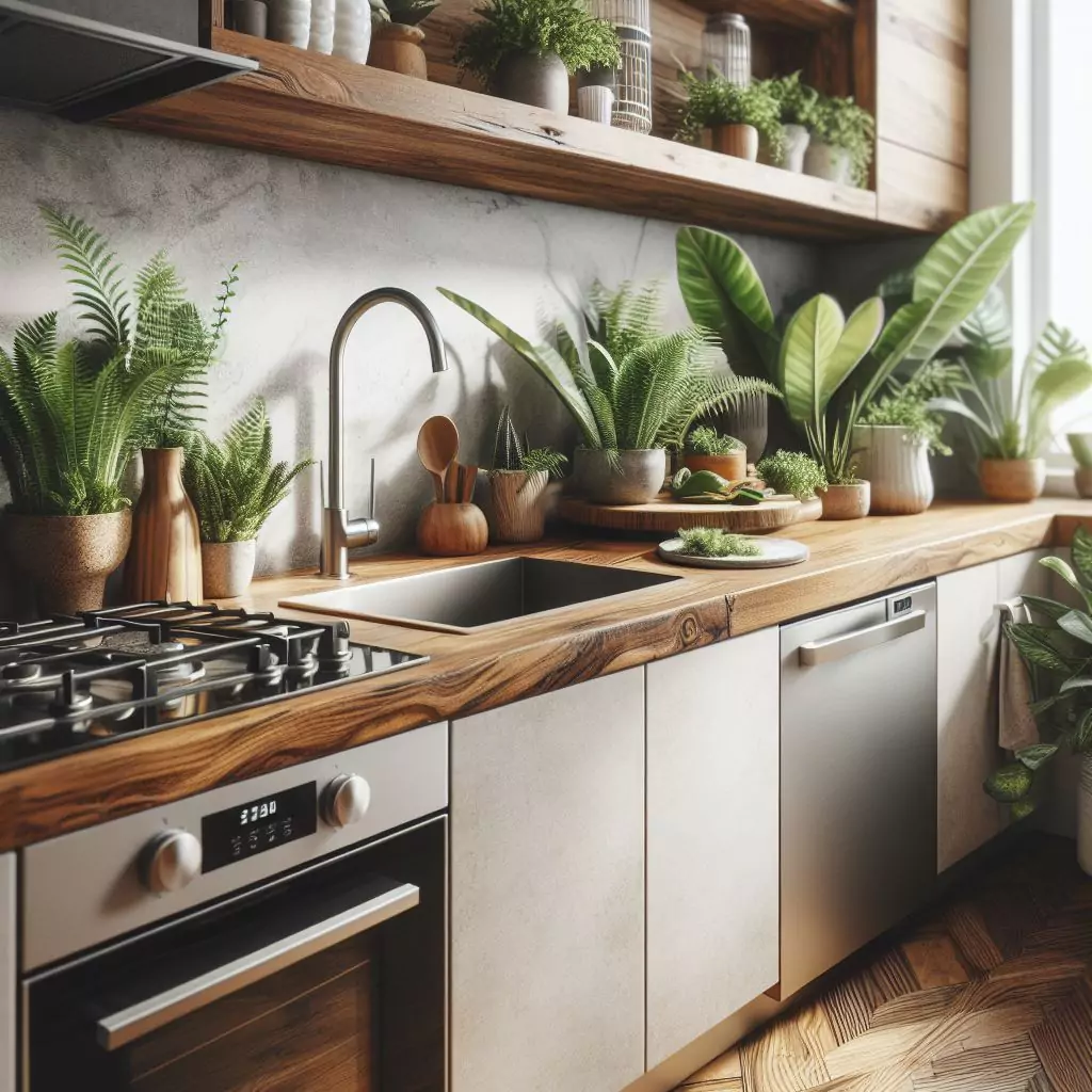 "Apartment kitchen blending natural elements with contemporary design, featuring wooden accents, stone countertops, and indoor plants for a cozy atmosphere."
