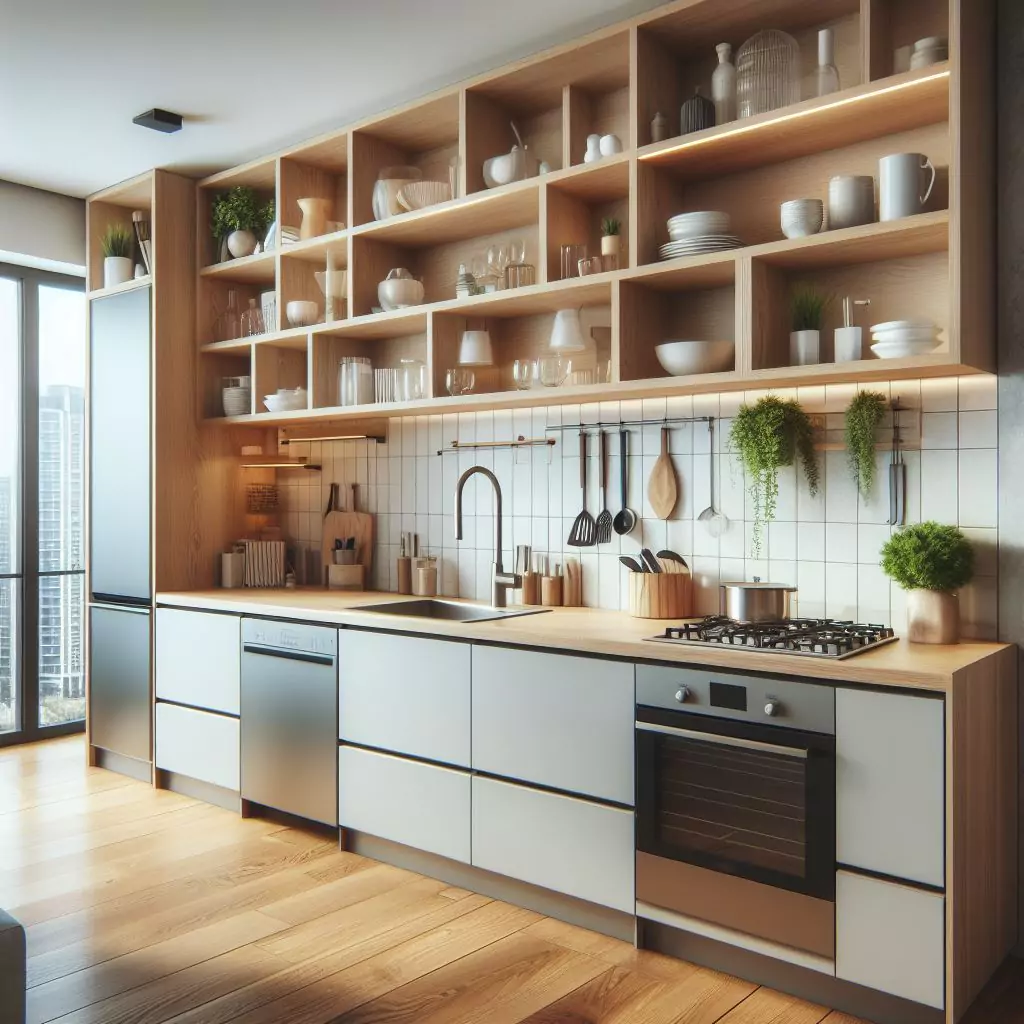 Apartment kitchen with airy open-concept shelving, showcasing favorite dishes and cookware for an effortlessly chic look.
