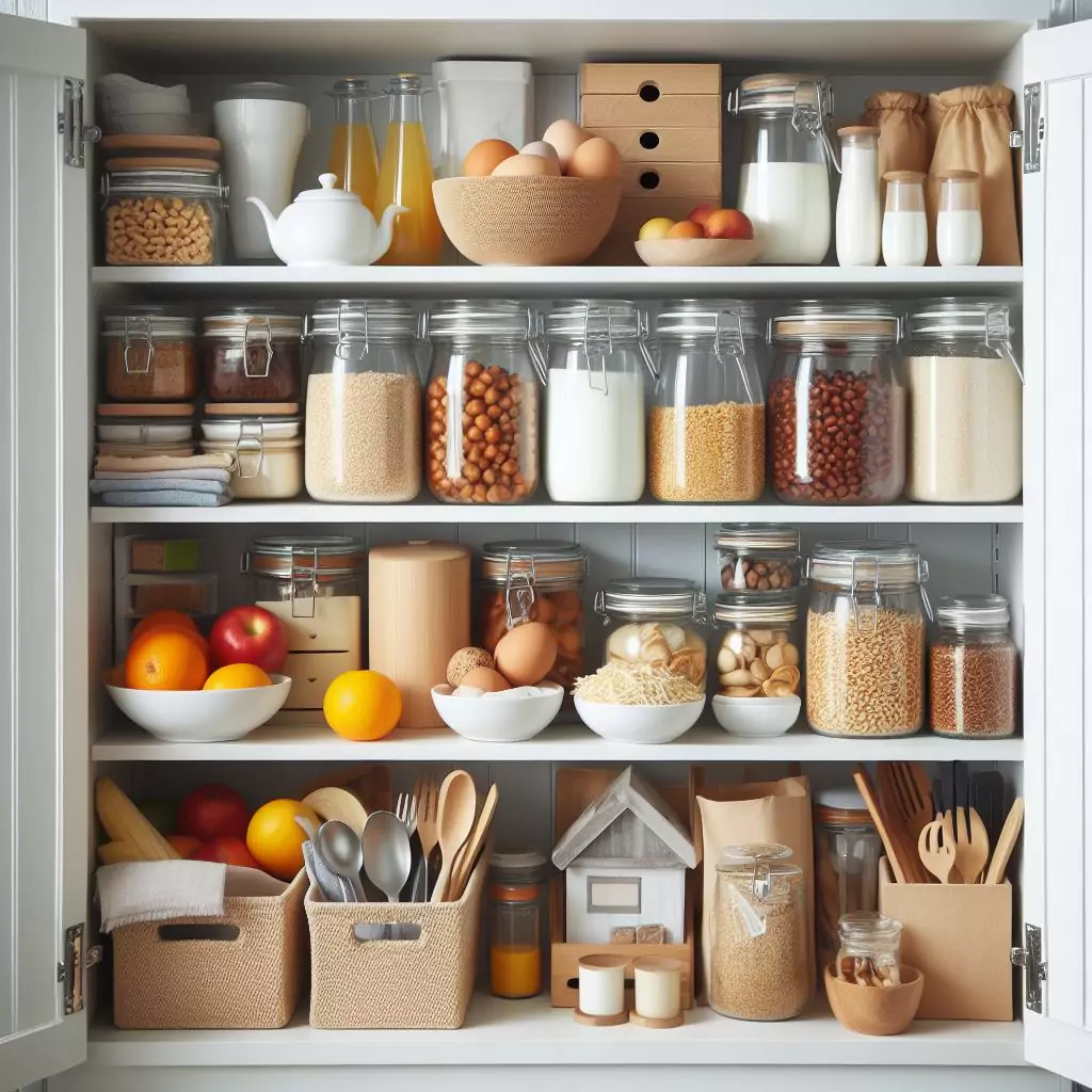 Organized pantry with the 'first in, first out' rule, preventing food waste by using older items before newer ones.