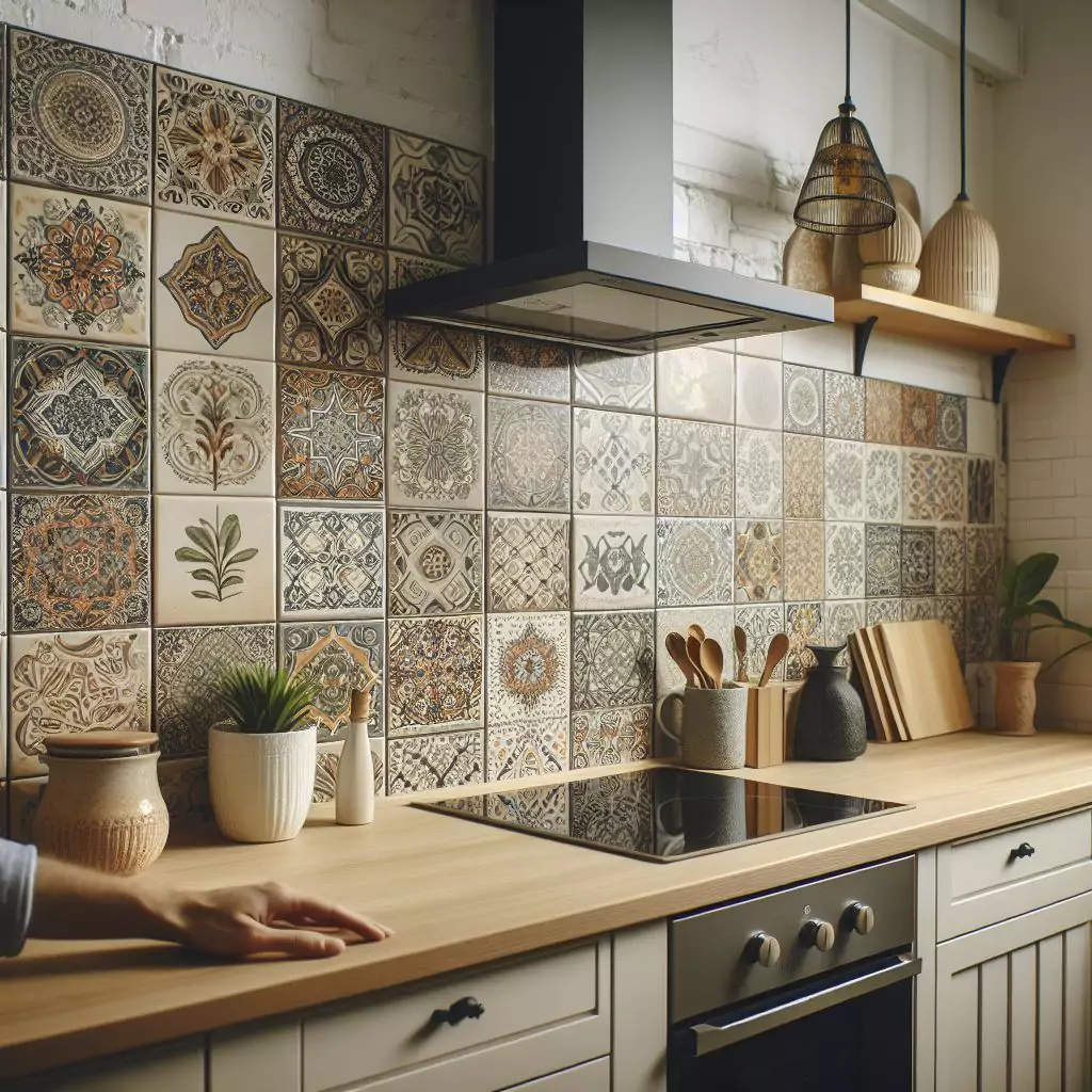 Apartment kitchen with a decorative backsplash, adding character and visual appeal for a personalized touch.