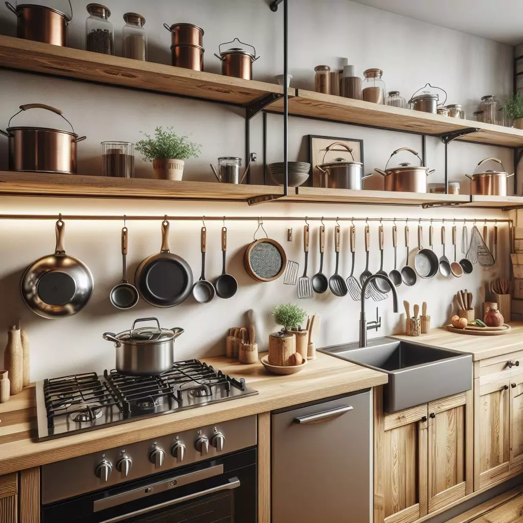 an apartment kitchen featuring hanging pot racks, optimizing counter space and organizing cookware. This addition adds rustic charm and complements the overall theme while allowing easy access to pots and pans. The countertop has a gas stove, stainless steel kitchen sink and faucet, and dishwasher