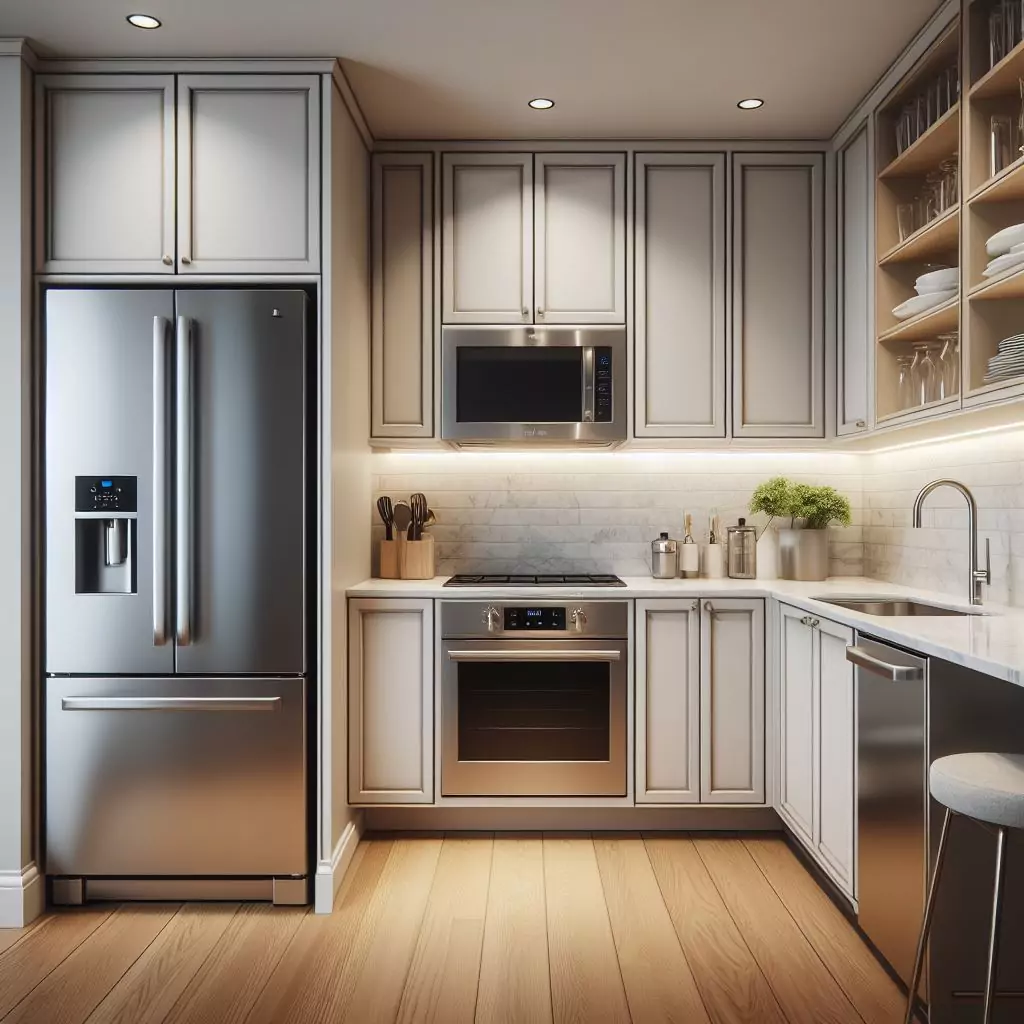 Small kitchen with integrated appliances blending seamlessly with cabinetry, creating a streamlined and clutter-free aesthetic.