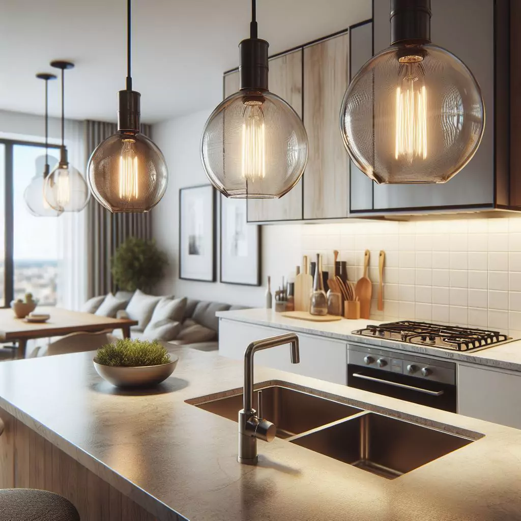 Apartment kitchen with stylish pendant lights, adding sophistication and ambiance over the island or dining area.