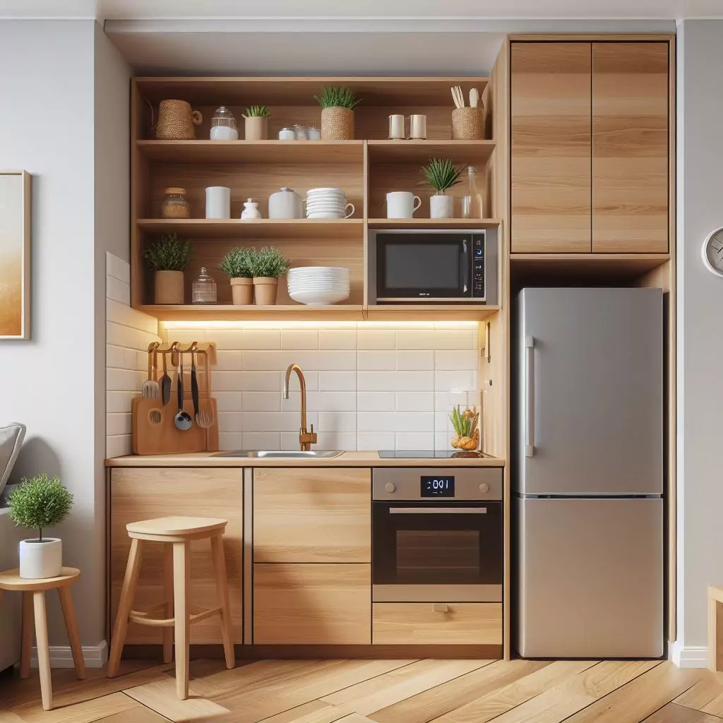 "Small kitchen with space-saving appliances tailored for compact spaces, maximizing utility without sacrificing space."