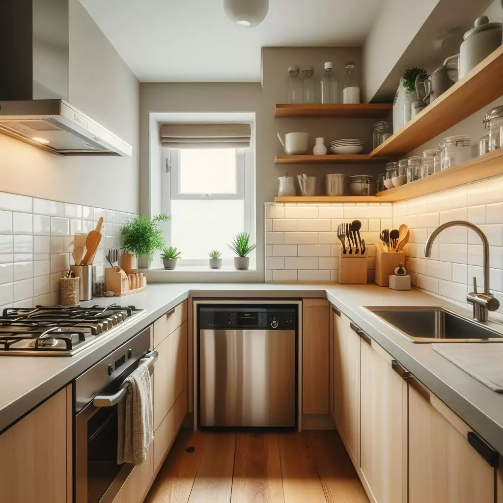 Small kitchen with streamlined essentials, decluttering countertops and maximizing functionality for space efficiency.
