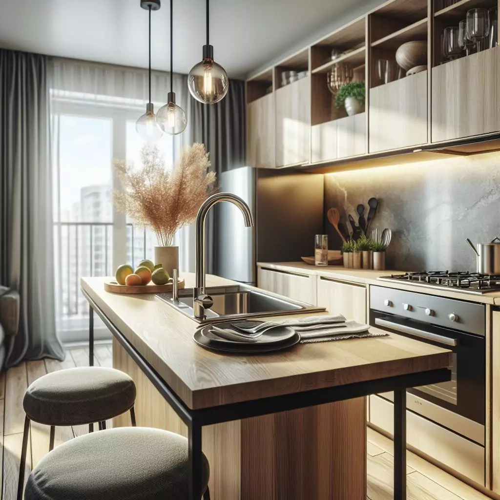 Apartment kitchen with a functional breakfast bar, serving as an additional dining space and casual spot for meals and socializing.