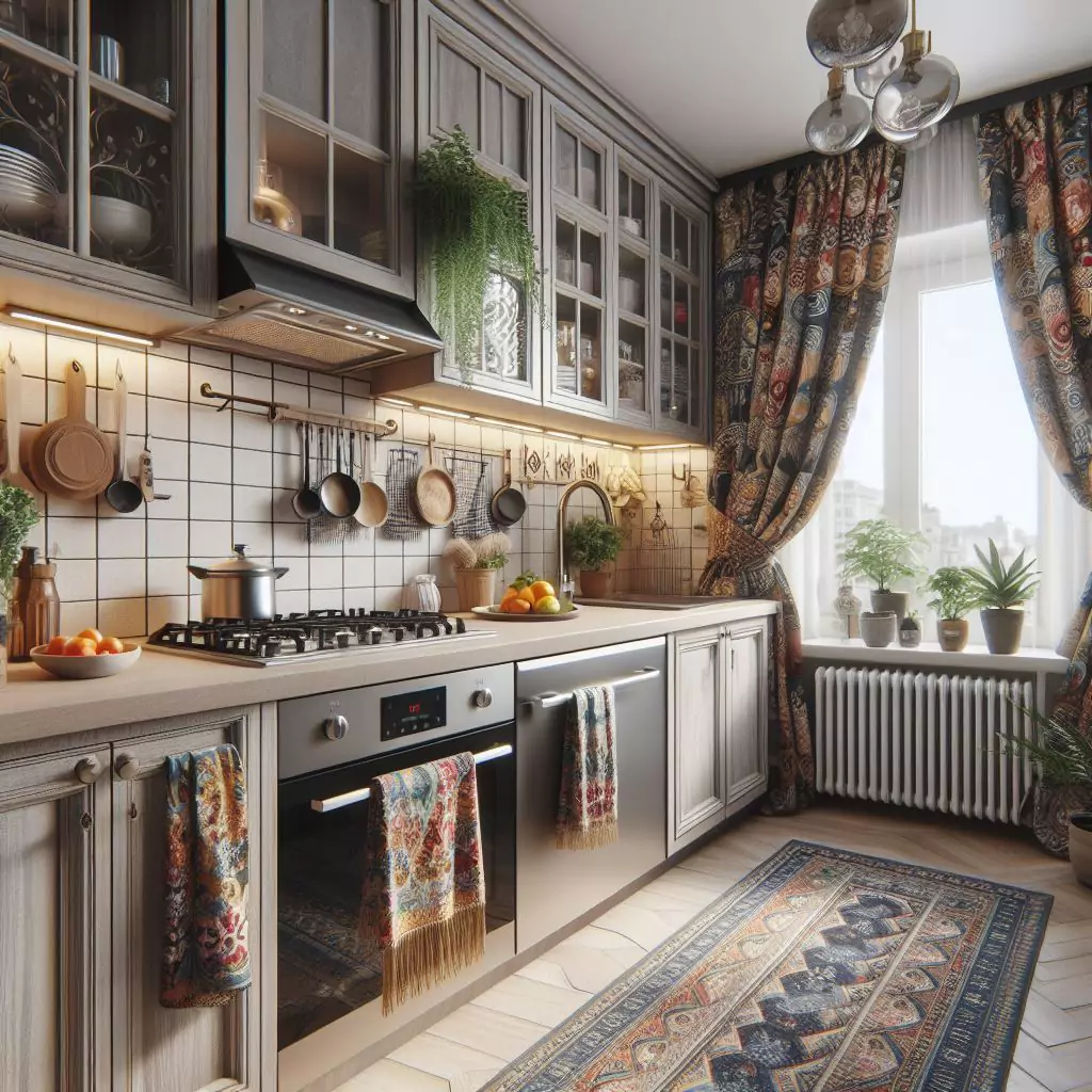 "Apartment kitchen with stylish textiles like patterned curtains and vibrant dish towels, adding pattern and texture for a cozy atmosphere."